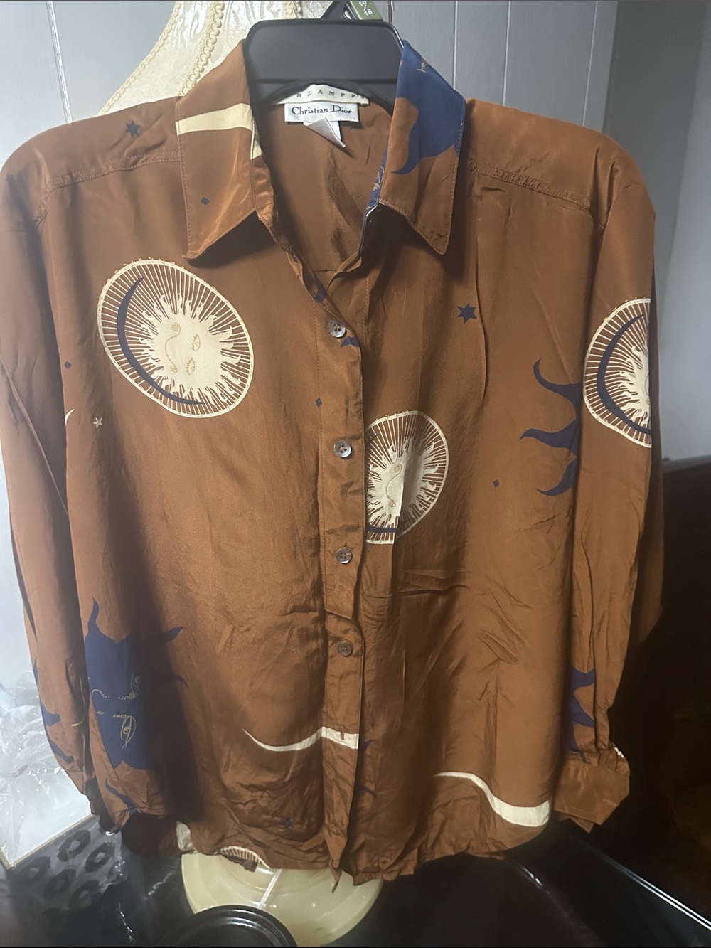 Christian Dior Brown and Cream Branded Silk Blouse